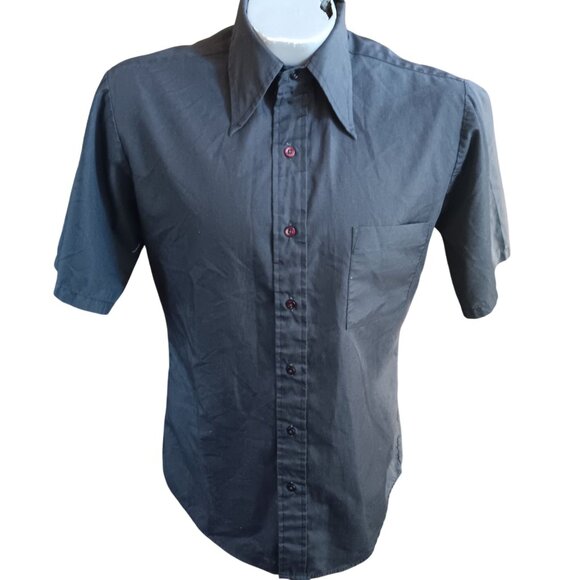 Vintage Men's Shirt Medium 1970's Towncraft Plus Black Short Sleeve Button-Up - Picture 2 of 5